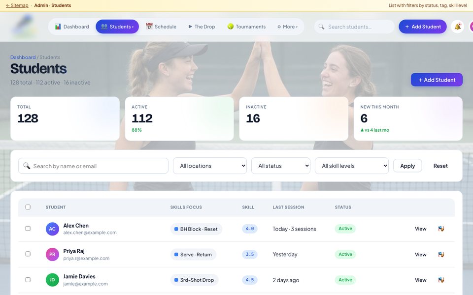 Pickleball Training & Coaching Platform web screen