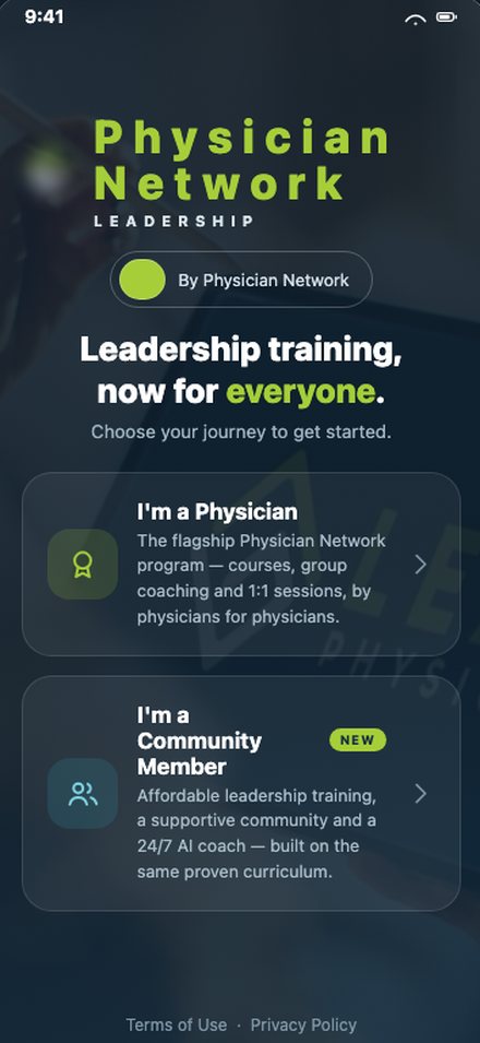 Physician Leadership Community App & Website mobile screen