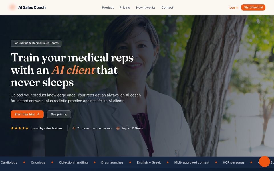 AI Sales Coaching & Roleplay for Medical Reps web screen